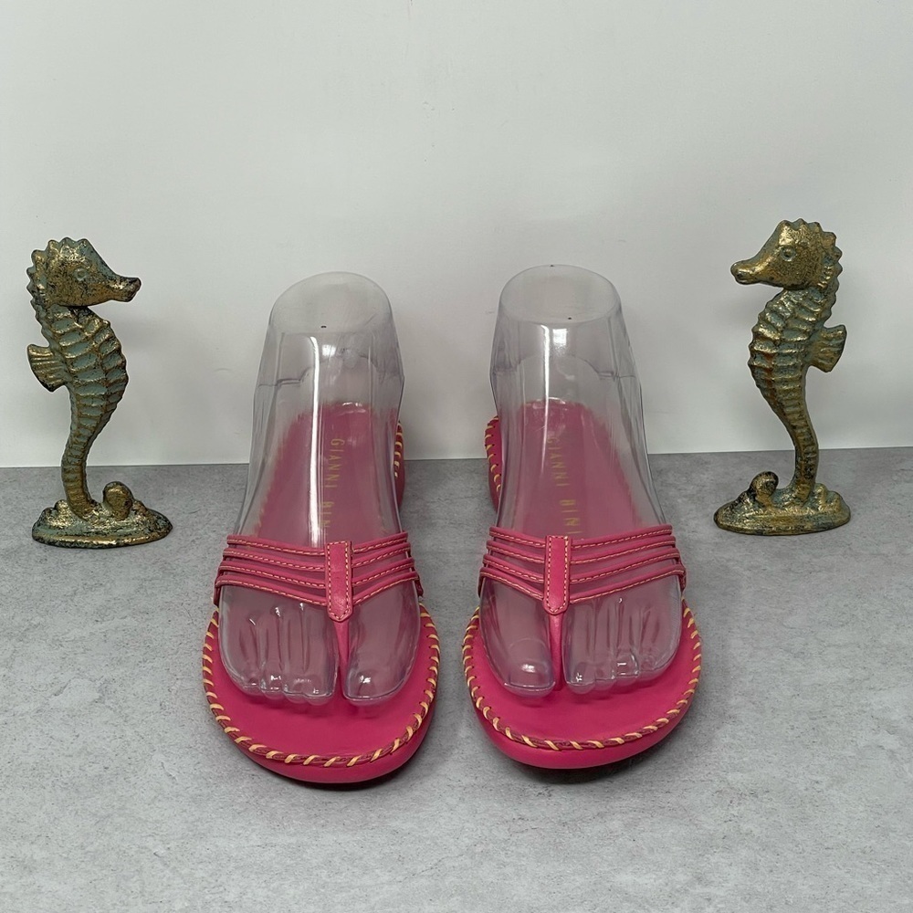Gianni Bini Pink Strappy Flat Thong Sandals Yellow Stitching Leather Size 6 - Picture 2 of 8
